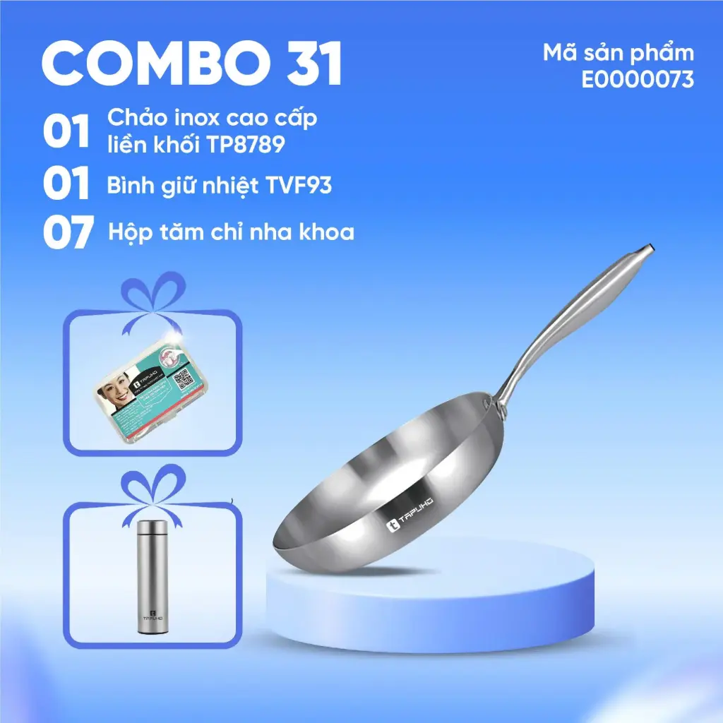 Combo (1 Chảo inox cao cấp liền khối TP8789 + 1 Bình giữ nhiệt TAPUHO TVF93 + 7 Hộp tăm chỉ nha khoa TAPUHO x7)